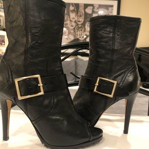 Jimmy Choo Black Leather Peep Toe Booties (37.5)